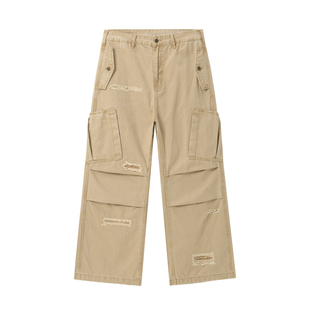 JHYQ净化眼球美式工装风卡其色多口袋破洞长裤男宽松直筒休闲裤