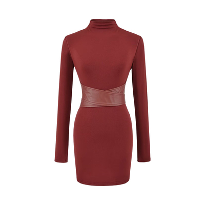 拼皮交叉系带收腰抓绒连衣裙短裙