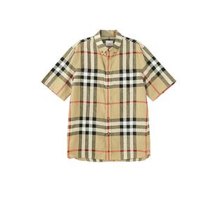 【自营】BURBERRY/博柏利男士亚麻宽松版短袖格纹衬衫 80510731
