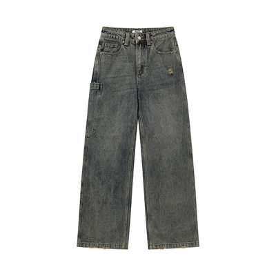 物理少年水洗破坏深蓝牛仔裤