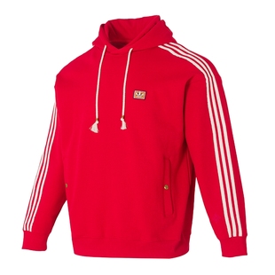 阿迪达斯三叶草男装新年款马年红色连帽卫衣运动服休闲针织套头衫