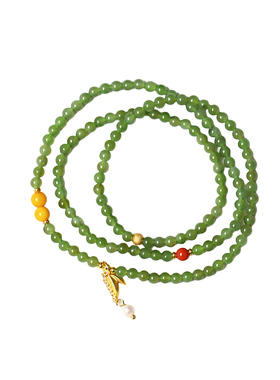 天然俄罗斯碧玉圆珠原创搭配款三圈手链 女款玉石三圈手串饰品