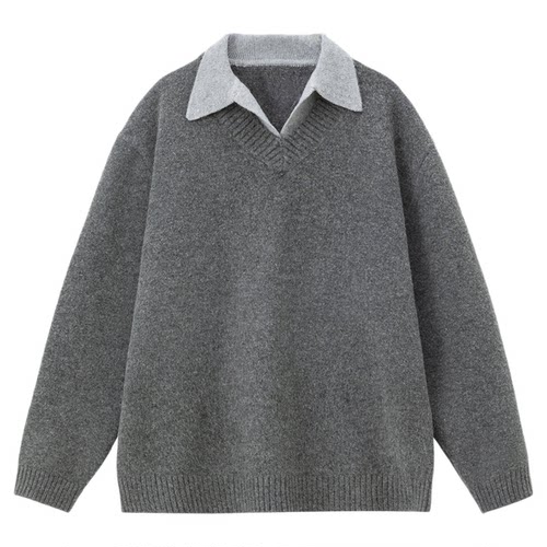 NTBF质感假两件V领毛衣男女秋季新款复古翻领polo针织衫保暖外套