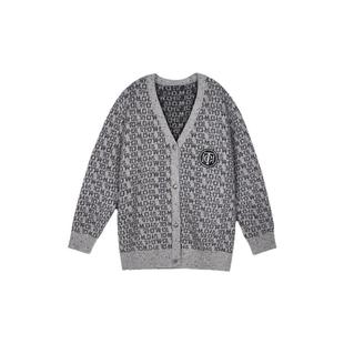 TCH字母满印复古慵懒软糯V领羊毛毛衣针织开衫外套秋冬新款