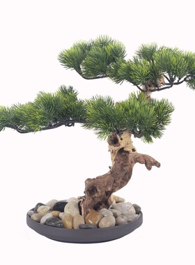 现代陶瓷迎客松崖柏仿真松叶盆景招财玄关柜摆件茶室样板间装饰品