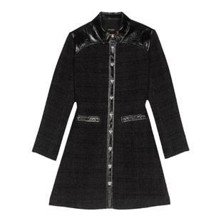 Maje Outlets秋冬女装时尚复古黑色肩部拼接修身长袖花呢连衣裙