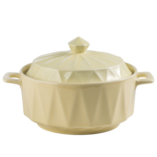 陶瓷北欧奶油风带盖汤碗 家用大容量双耳盛汤大碗高级感餐具汤盆