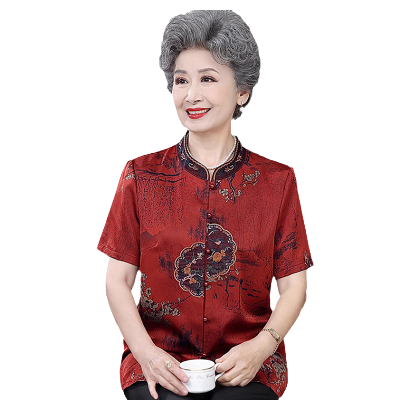 老年人夏装短袖喜庆高档衬衫上衣