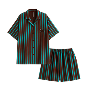 悦内情侣睡衣女夏季纯棉短袖短裤家居服夏天男款复古条纹开衫套装