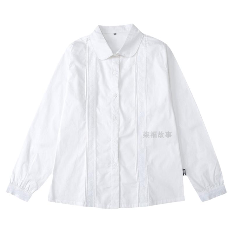 纯白花边长袖卡其色直筒校服套装