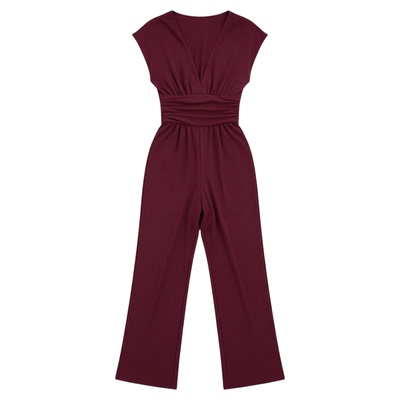 red jumpsuitwaistcinched-neckjumpsuit纯色收腰v领连体裤女