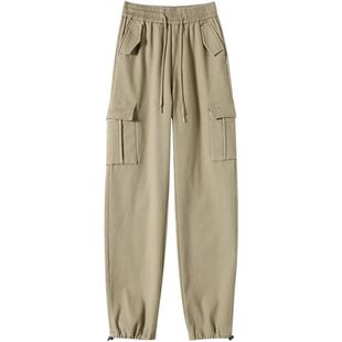 卡其直筒工装裤女秋冬加绒加厚显瘦束脚哈伦高个子加长宽松休闲裤