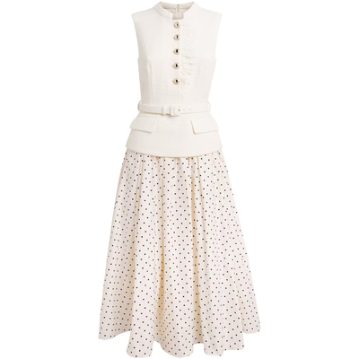 沃格 SP春夏新款米白粗花呢系腰带拼波点印花A字长款假两件连衣裙