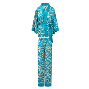 NoirTease春秋薄款丝质印花睡衣女士长袖系带睡袍家居服两件套装