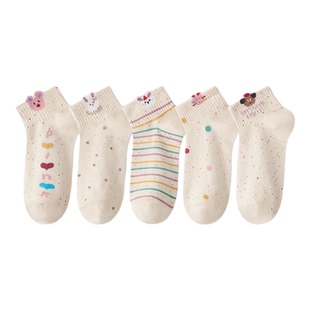 【5/10双】袜子女纯棉100%全棉防臭春秋薄款条纹短袜可爱少女潮流