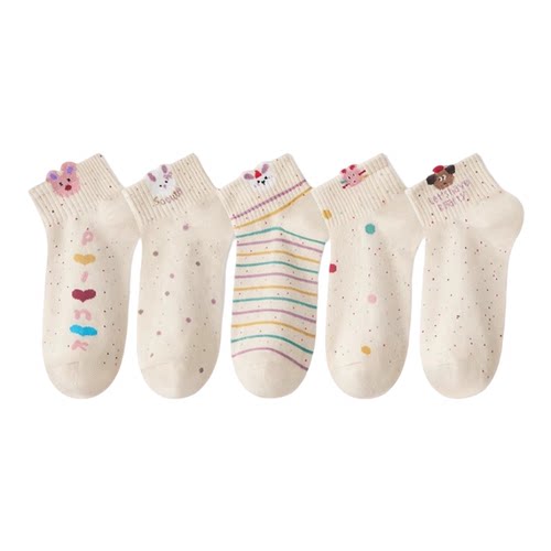 【5/10双】袜子女纯棉100%全棉防臭春秋薄款条纹短袜可爱少女潮流