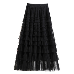 2025新款黑色层层网纱蛋糕裙半身裙女秋冬绝美好看纱裙长裙半裙