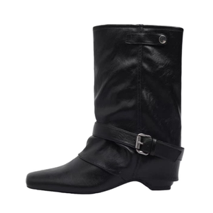 羊皮版~真皮方头粗跟裤管靴女黑色中筒靴皮带扣短靴内增高骑士靴
