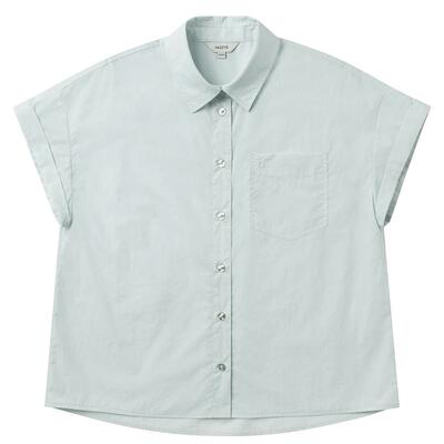 Hazzys哈吉斯短袖衬衫女士夏季素色袖口翻折时尚宽松休闲衬衣上衣