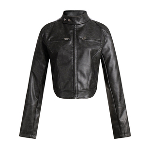 辣到中暑美式辣妹机车风黑色立领条纹短款皮衣街头风拉链外套