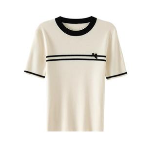 OSA欧莎拼接撞色圆领针织衫女气质显瘦套头衫2025年夏季新款上衣