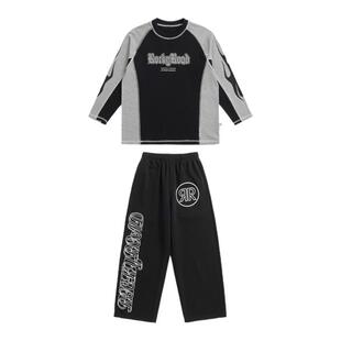 ROCKYROAD童装美式复古运动圆领正肩卫衣潮牌拼接撞色火焰印花T恤