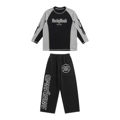 ROCKYROAD童装美式复古运动圆领正肩卫衣潮牌拼接撞色火焰印花T恤