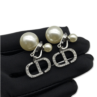 希雅奴夹式耳环银色满钻CD珍珠耳夹无耳洞女设计感高级感气质耳饰