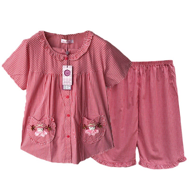 艾贝芬红格子大码薄款前扣短袖短裤套纯棉麻睡衣家居服月子服女夏