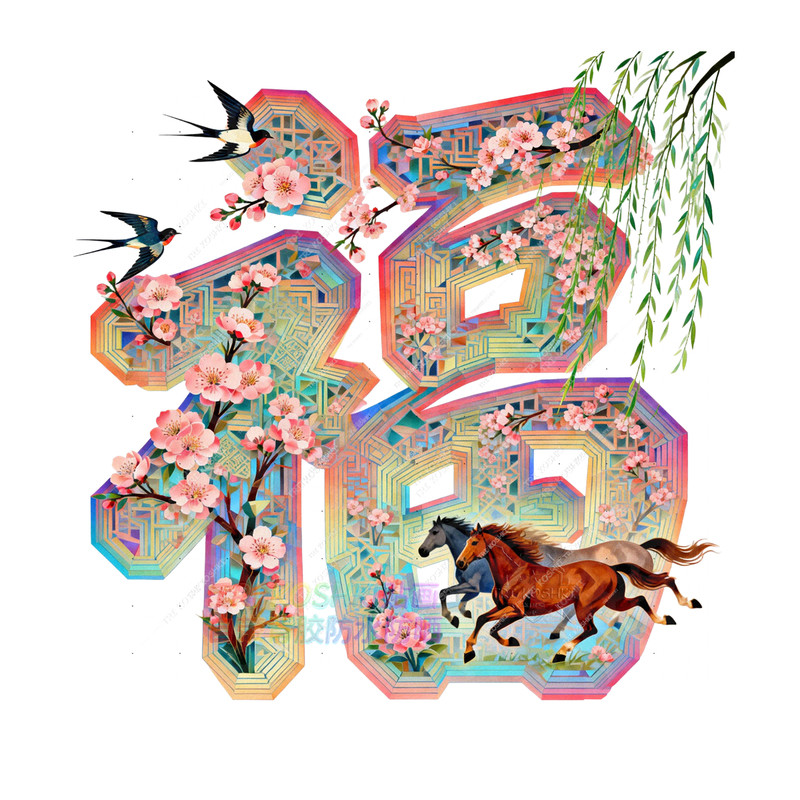 2026马年福字贴纸燕子小马柳树桃花唯美风景福字墙贴白墙过年装饰