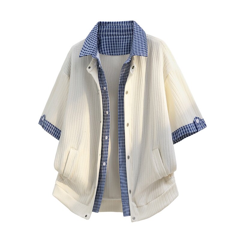 男假两件格子短袖宽松衬衫薄款