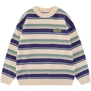 From Mars条条框框 潮牌复古条纹圆领毛衣男女高街宽松撞色针织衫