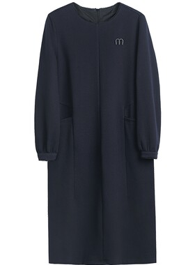 布景长袖连衣裙女冬季新品简约厚款圆领直筒宽松中长裙子1977
