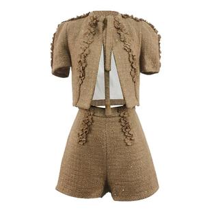 小香风粗花呢套装裙女越南小众设计师法式气质短袖上衣短裤罩纱裙