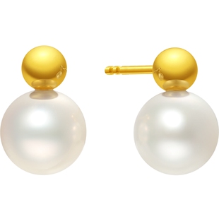 潮宏基至简黄18K金珍珠耳钉彩金耳环耳饰淡水珠送女友生日时尚