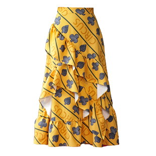 XUNRUO熏若 王冰冰明星同款 设计师品牌原创扑克印花荷叶边半身裙