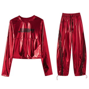 亮闪闪跳舞演出服女团时尚爵士舞炫彩上衣反光阔腿裤嘻哈表演套装