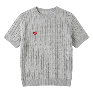 2026春夏季时尚刺绣爱心短袖针织衫麻花短款薄款小个子毛衣上衣女