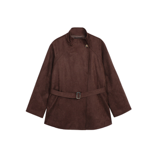 MULVAN 美学编导 立领麂皮绒夹棉外套女高级感宽松系带中长款风衣