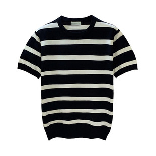 夏季新款修身男士短袖t恤打底衫男款 高级拼色条纹针织内搭上衣男