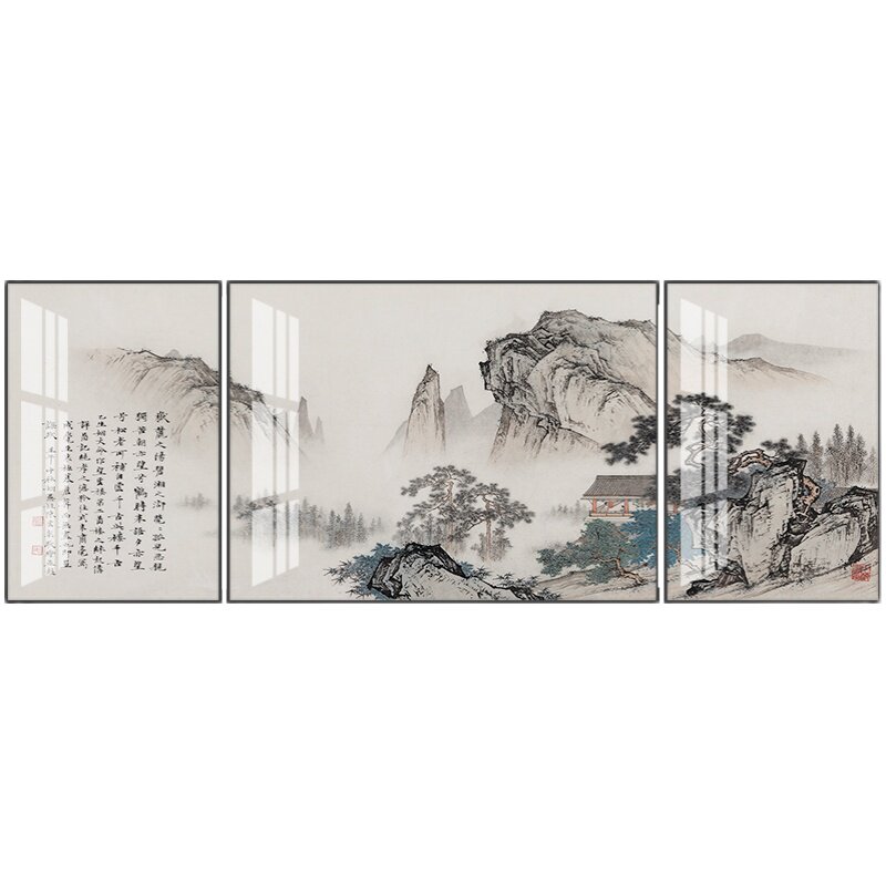 中式风山水沙发背景墙卧室三联画