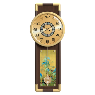 康巴丝新中式挂钟新款中古大气胡桃实木时钟表客厅铜质高端挂墙表