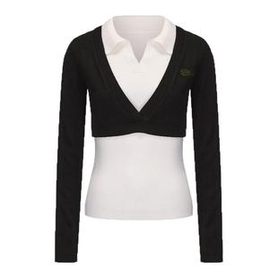 LACERTA2025秋季新款时尚精纺羊毛针织毛衣女假两件翻领叠穿上衣