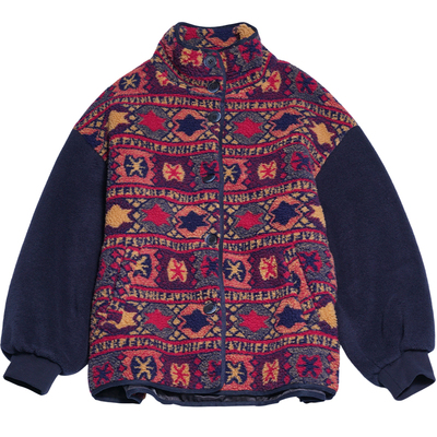 返场STILLYOU复古费尔岛撞色图案立领排扣羊羔绒拼接外套女厚上衣