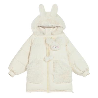 【现货】森女部落原创90白鸭绒兔子造型连帽中长款羽绒服女装外套