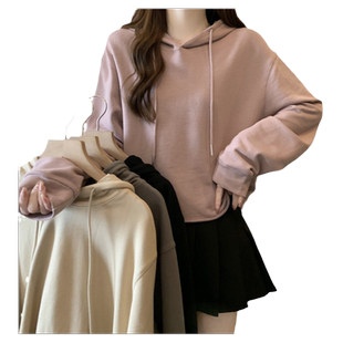 纯色简约连帽卫衣女纯棉宽松显瘦百搭短款小个子卷边下摆上衣潮牌