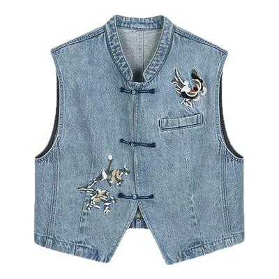 Basic House/百家好水洗做旧牛仔马甲秋冬新中式盘扣立领马夹外套