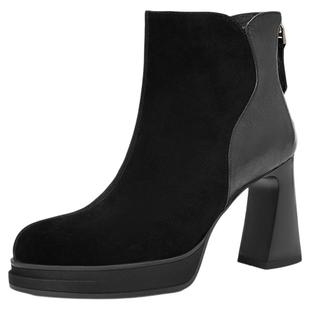 星期六2025新款黑色绒面短靴女粗跟厚底舒适瘦瘦靴秋冬保暖时装靴