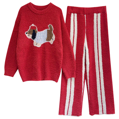 可爱小狗软绵绵睡衣女秋冬季加厚保暖珊瑚绒半边绒韩版家居服红色