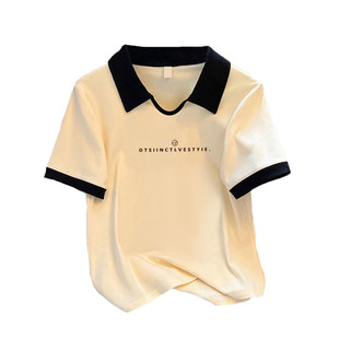 大码女装POLO衫短袖T恤夏季胖mm显瘦遮肉撞色体恤正肩修身上衣服